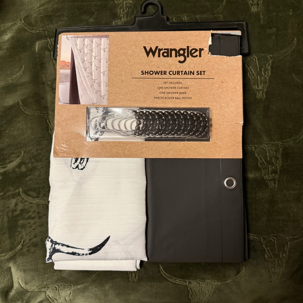 Wrangler Shower Curtain Set Unisex 72x72 White‎ Black New Steer Skull Western